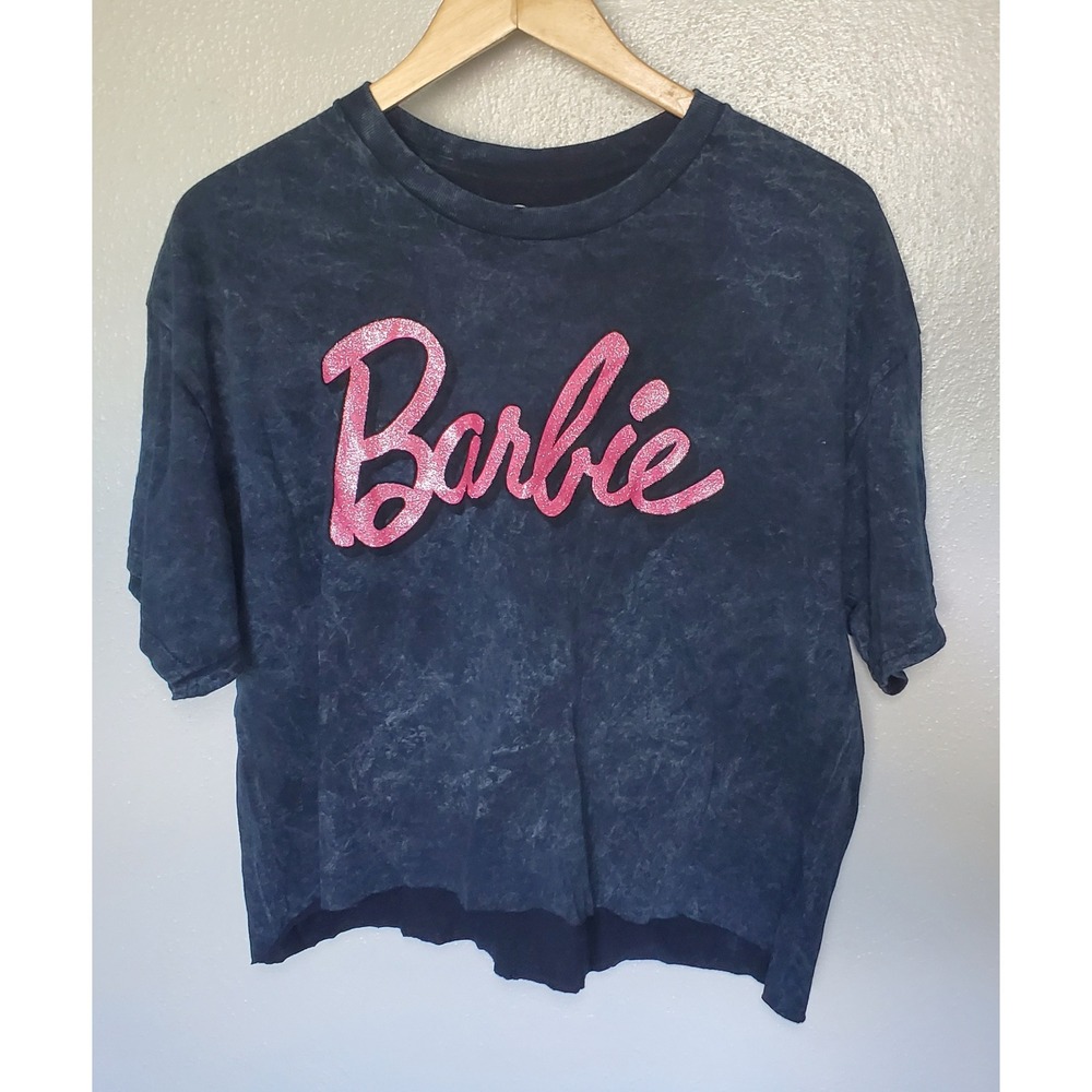 Barbie Graphic T Shirt Women's‎ XL/EG Black Mineral Wash Pink Glitter Logo